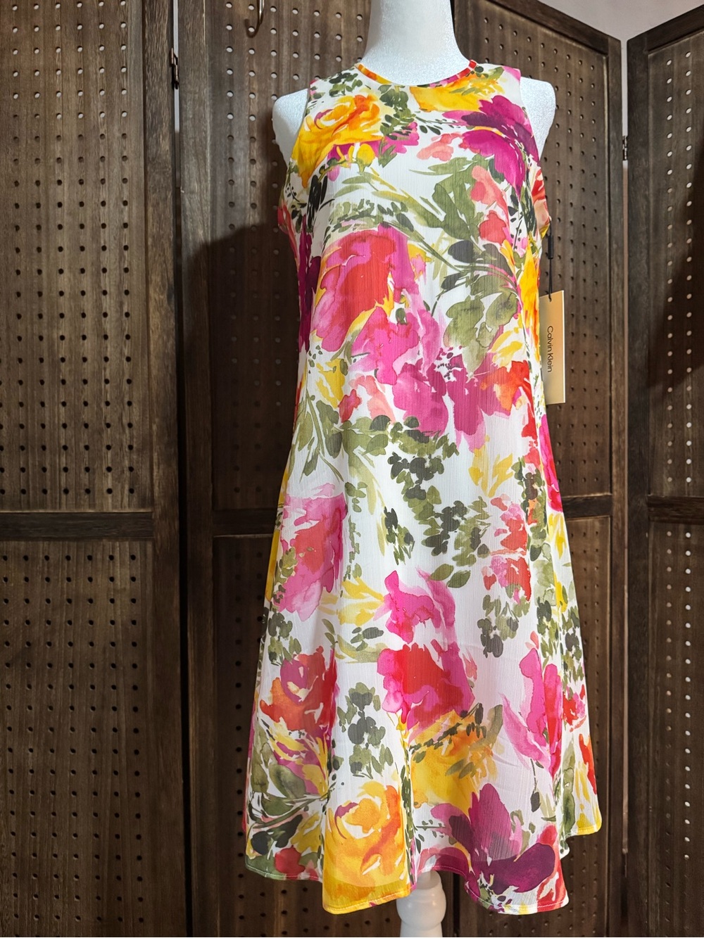 Calvin Klein Floral Sleeveless A-Line Dress in Pink + Yellow
